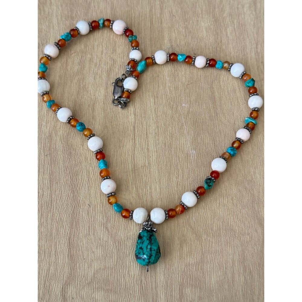 Vintage Tiger Eye Beaded Necklace Turquoise Pendant 32 Inches Stone Metal - Picture 3 of 11